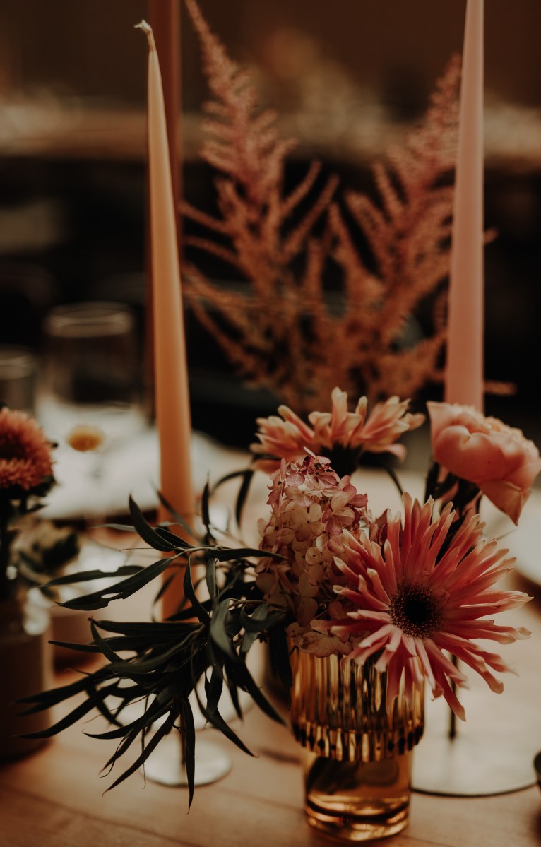 Modern amber bud vases hire in Scotland