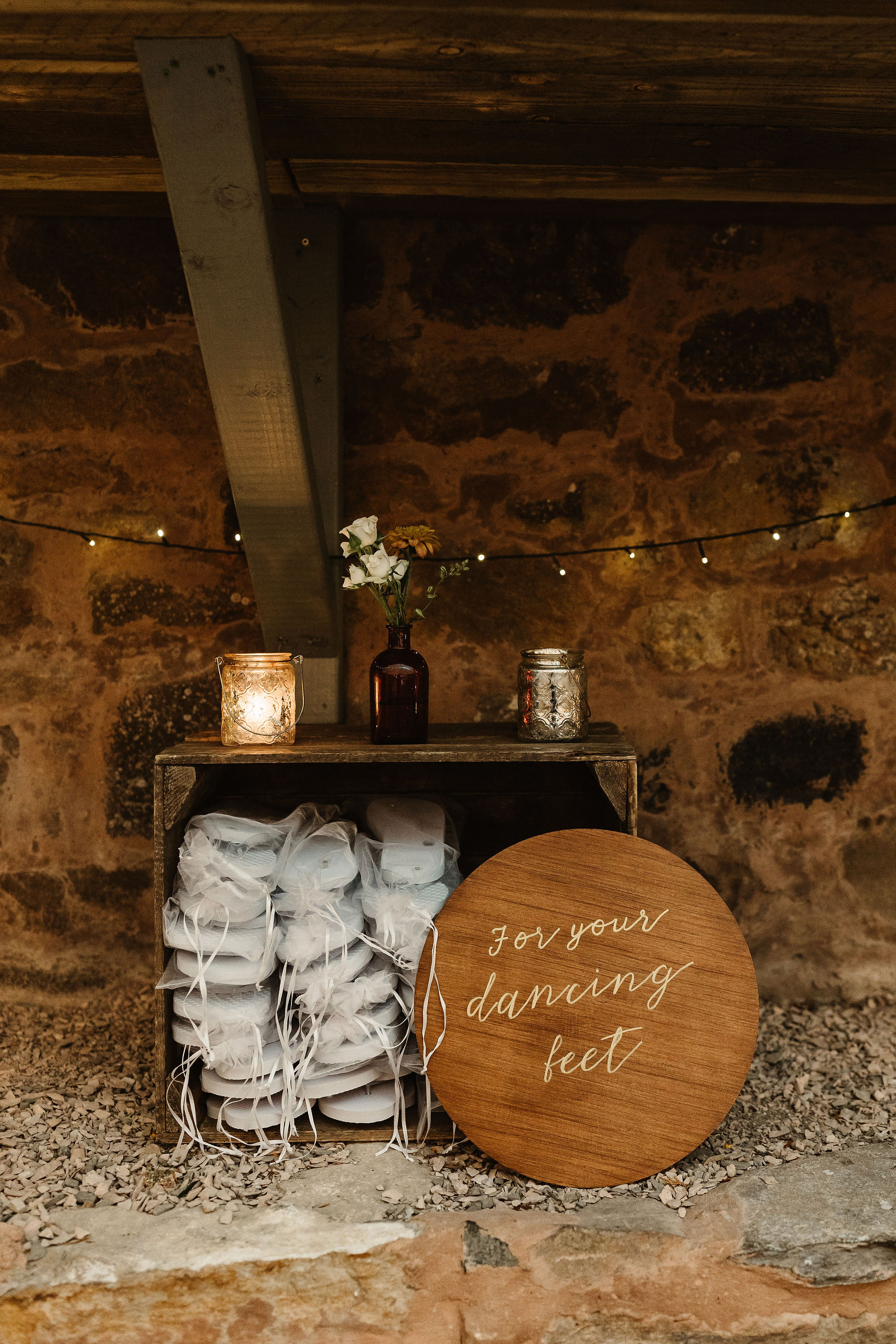 flip flops for guests in barn wedding in Fife
