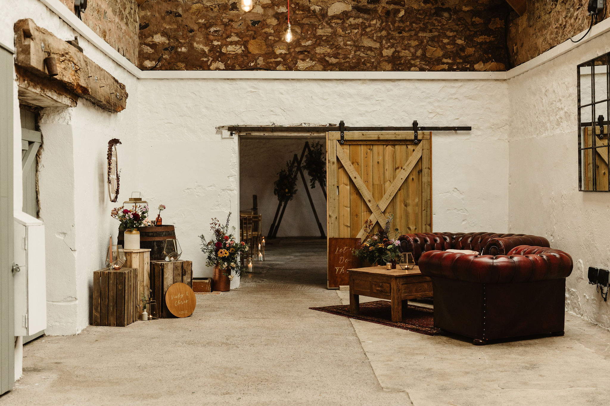 lounge seating for barn wedding in Cow shed Crail in Fife