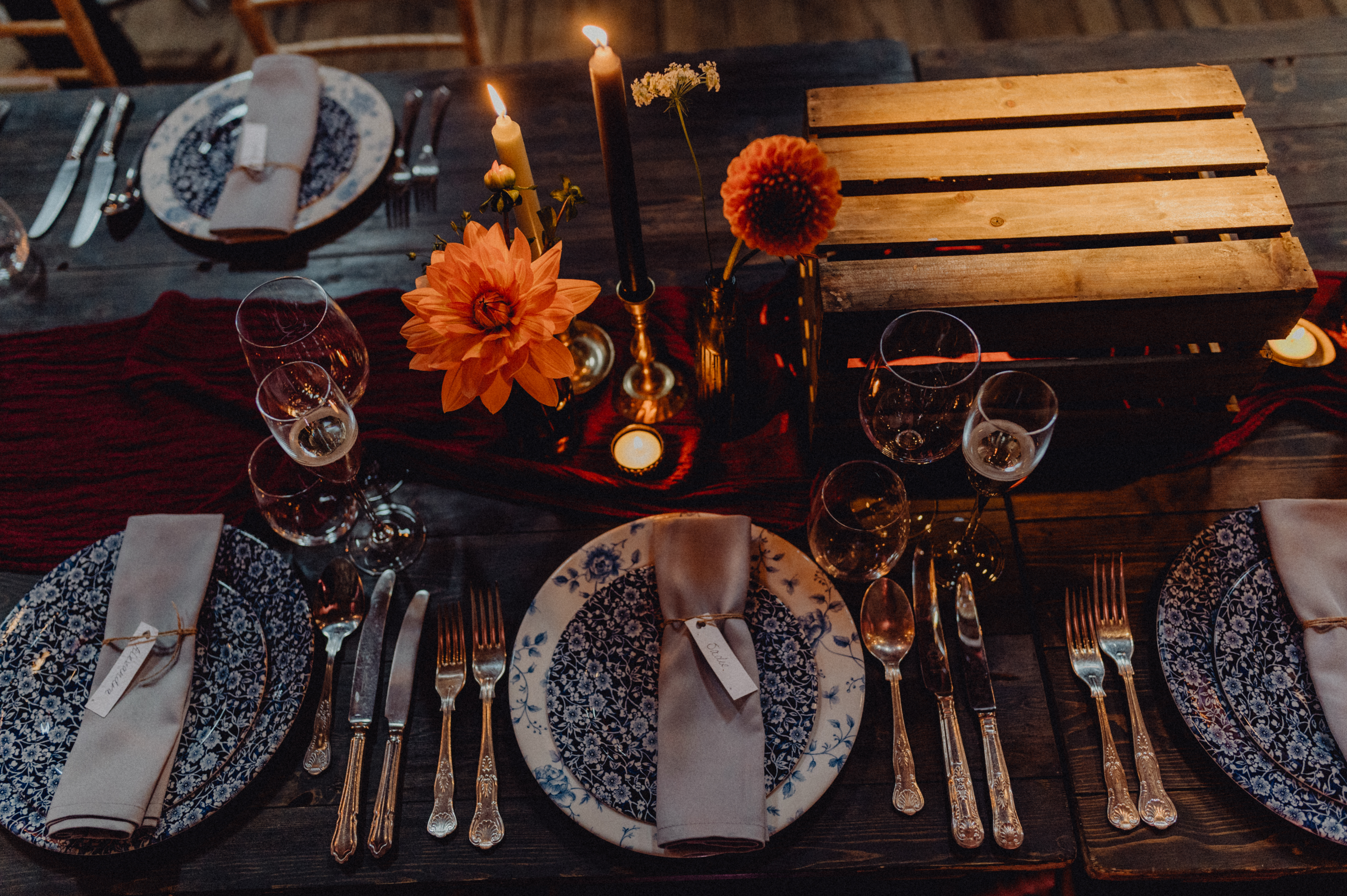 wedding dining table details in blue