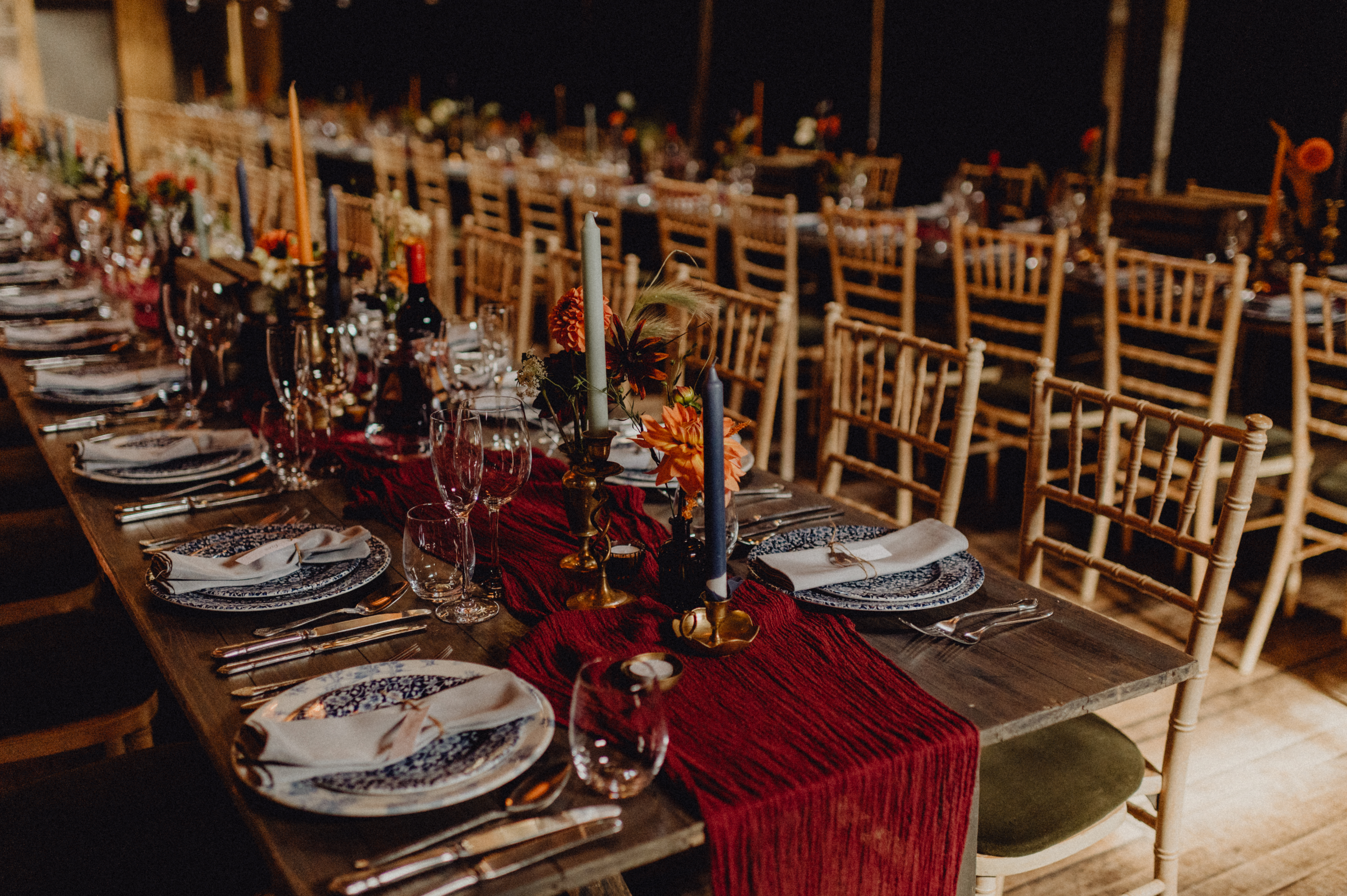 colourful dining tables in barn venue Scotland