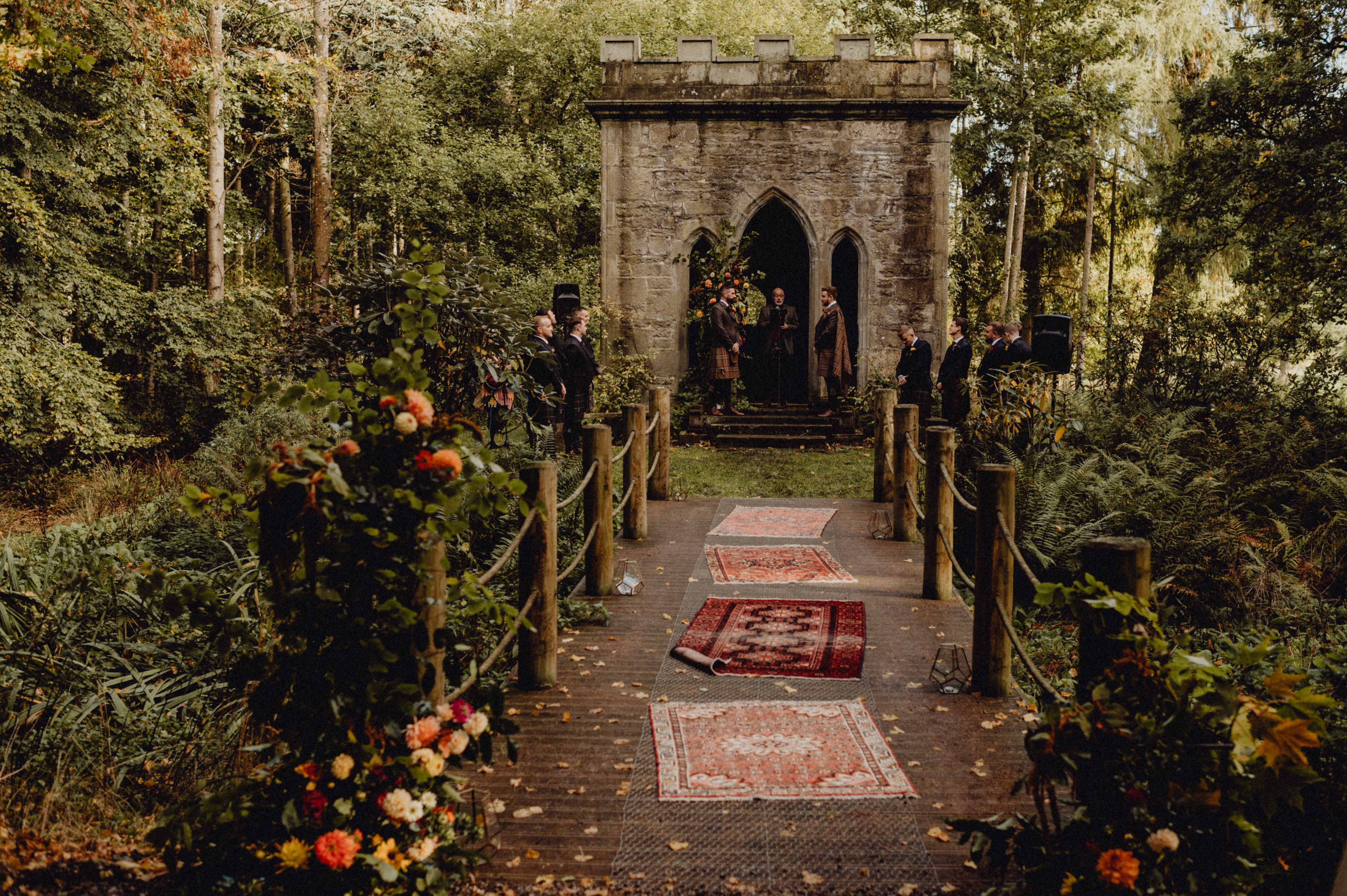 Persian rug aisle for outdoor wedding ceremony in Perthshire Scotland